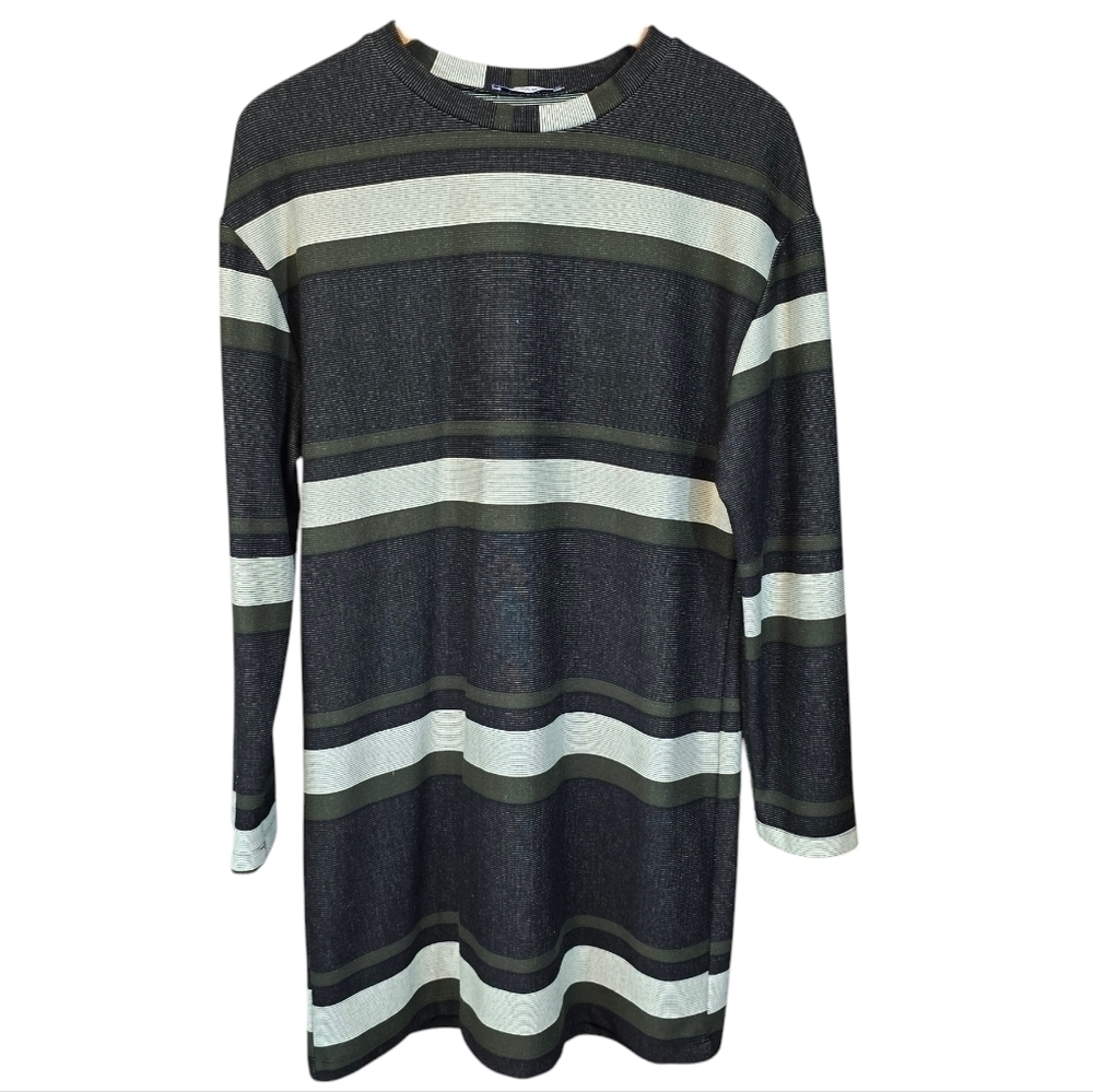 Zara Striped Long Sleeve Tunic Dress Charcoal Gray, Olive Green, Cream S-Medium